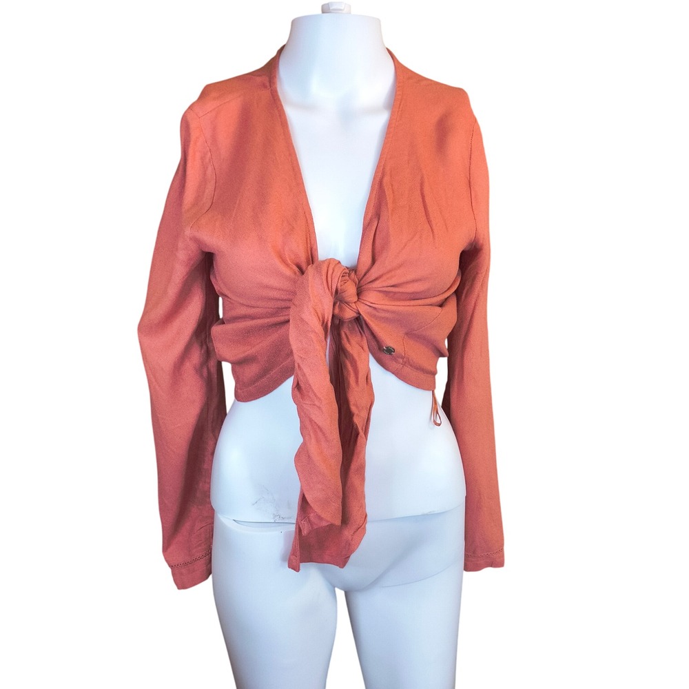 Roxy Front-Tie Long Sleeve Top Knotted Boho Surf Crop Blouse Womens Size Small